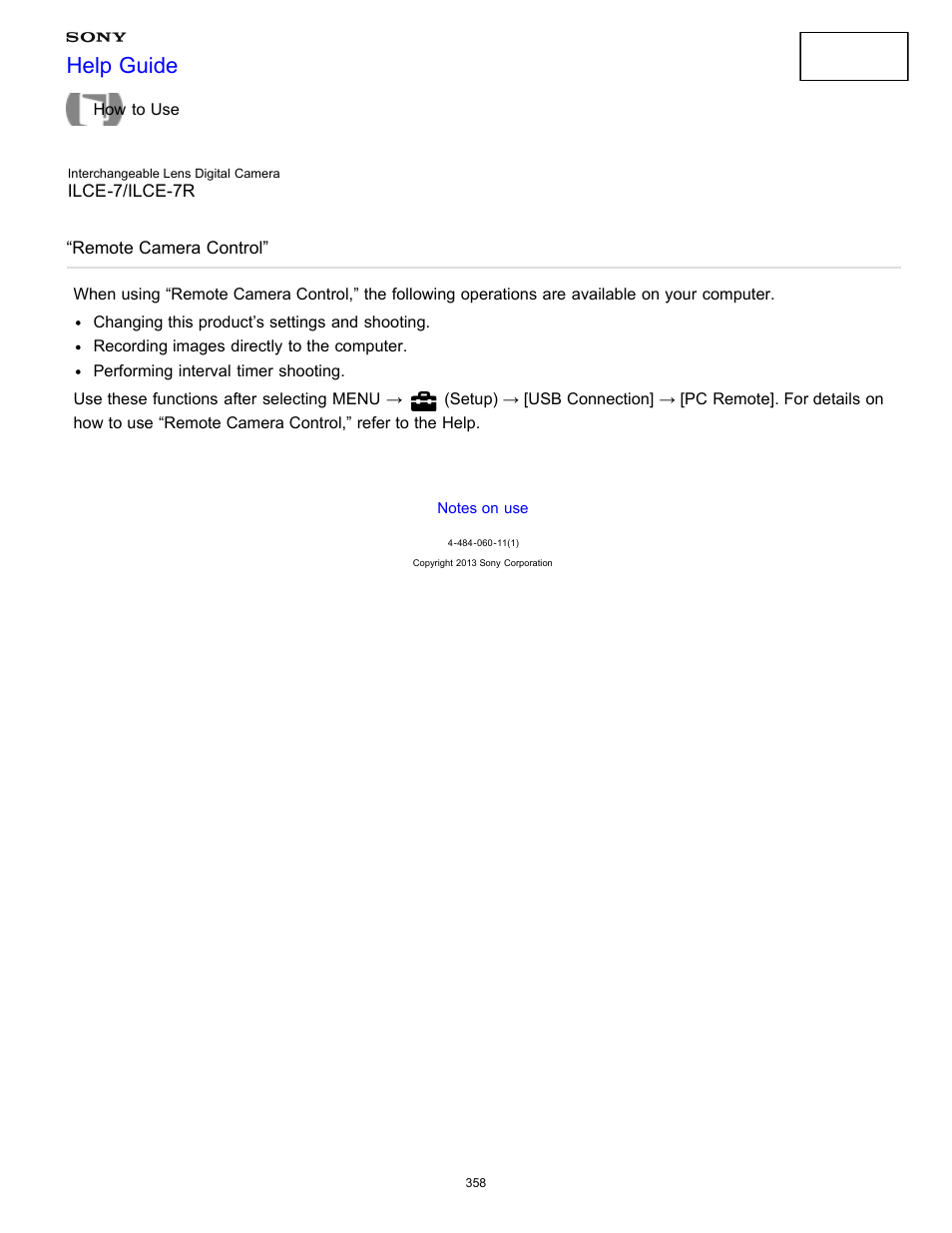 Remote camera control, Help guide | Sony ILCE-7K User Manual | Page 367 / 455