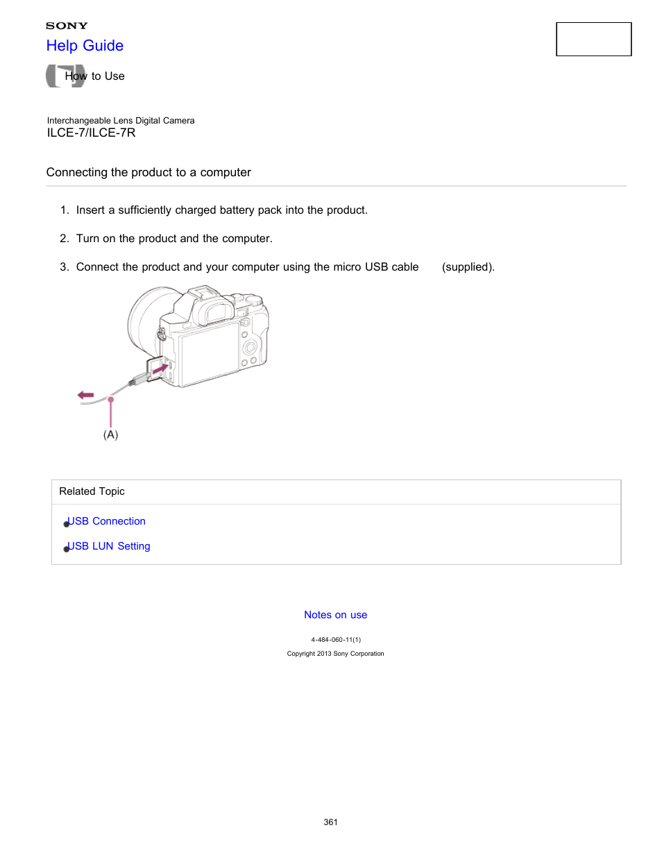 Connecting the product to a computer, Help guide | Sony ILCE-7K User Manual | Page 370 / 455