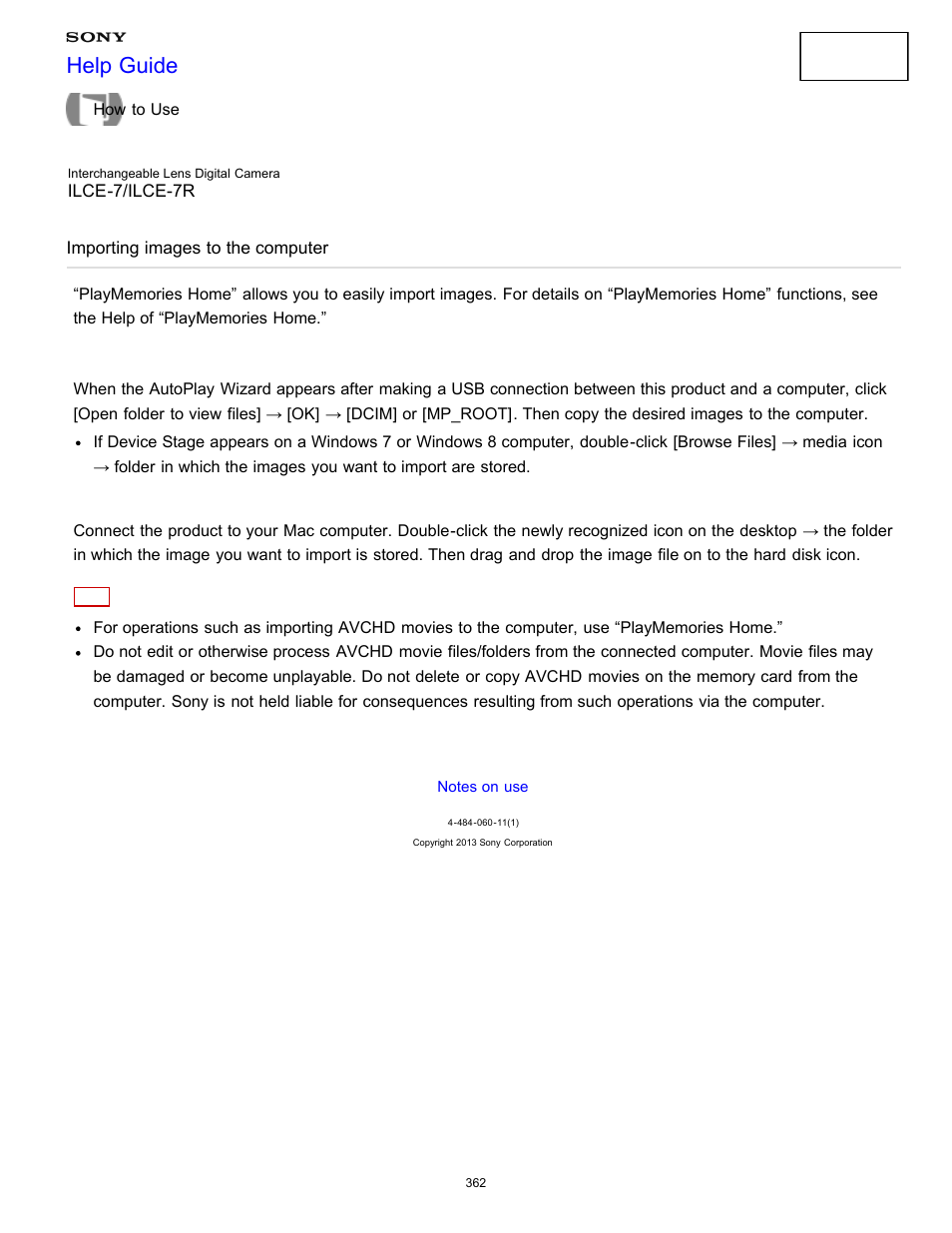 Importing images to the computer, Help guide | Sony ILCE-7K User Manual | Page 371 / 455