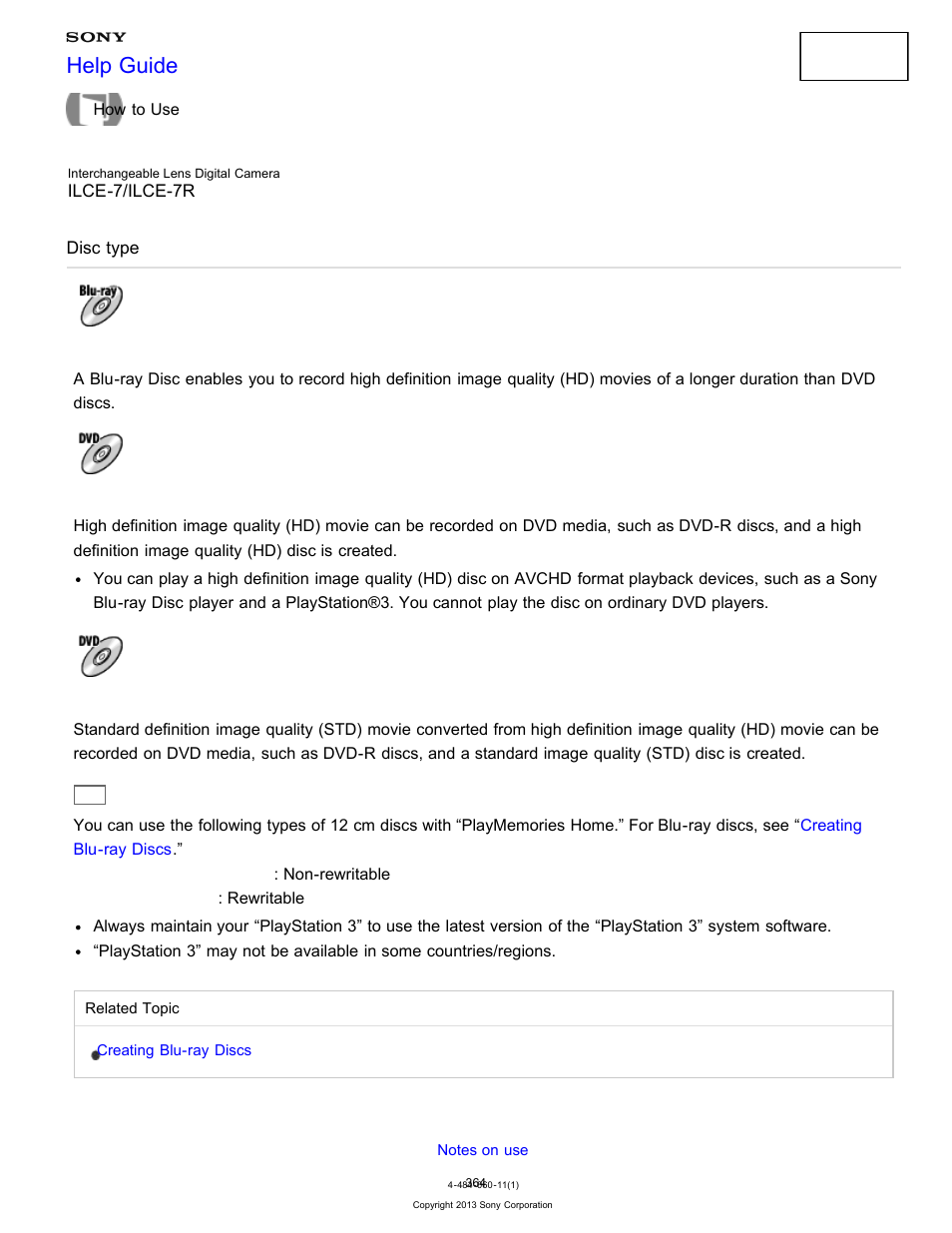 Disc type, Help guide | Sony ILCE-7K User Manual | Page 373 / 455