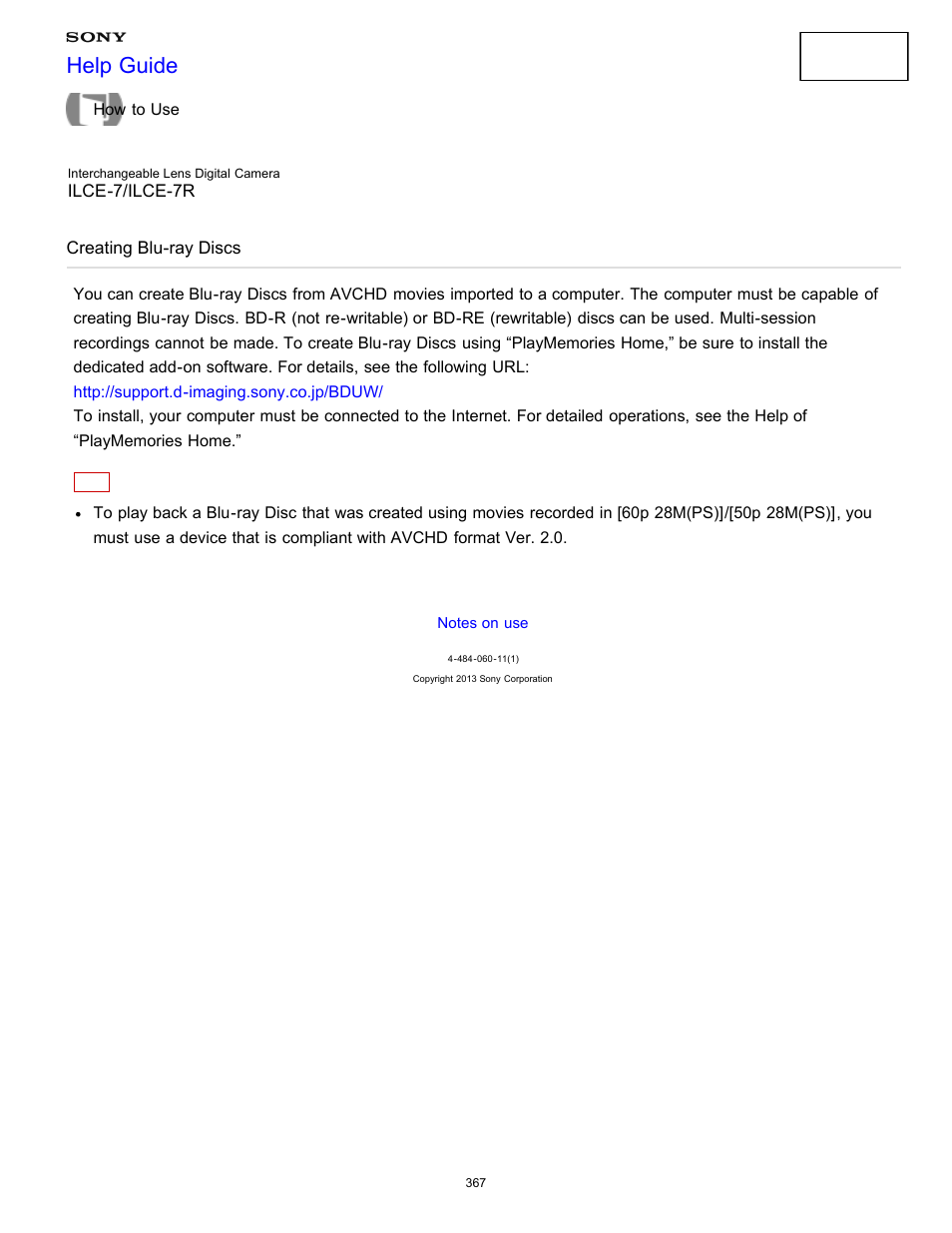 Creating blu-ray discs, Creating, Blu-ray discs | Help guide | Sony ILCE-7K User Manual | Page 376 / 455