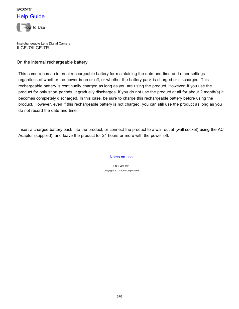 On the internal rechargeable battery, Help guide | Sony ILCE-7K User Manual | Page 379 / 455