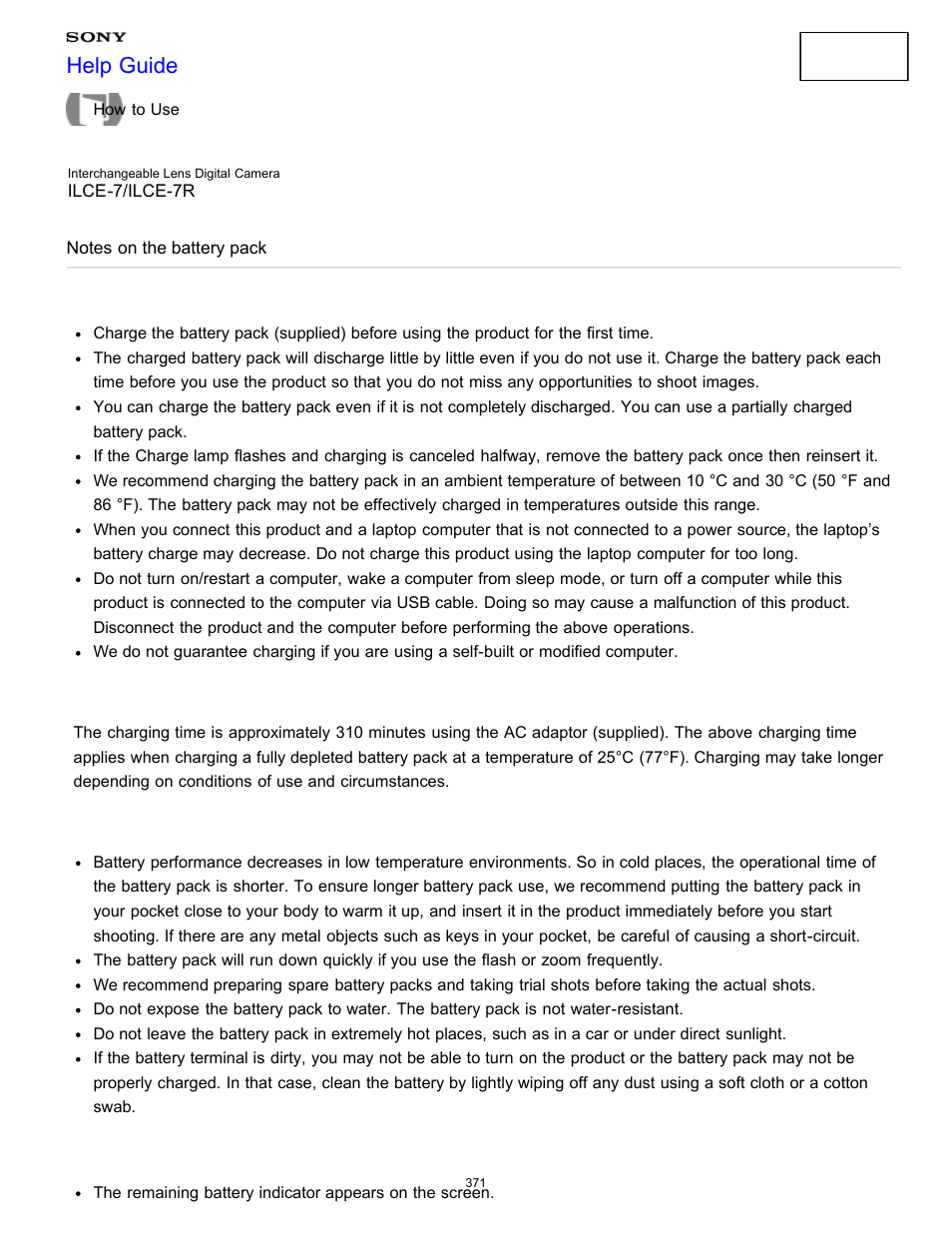 Notes on the battery pack, Help guide | Sony ILCE-7K User Manual | Page 380 / 455