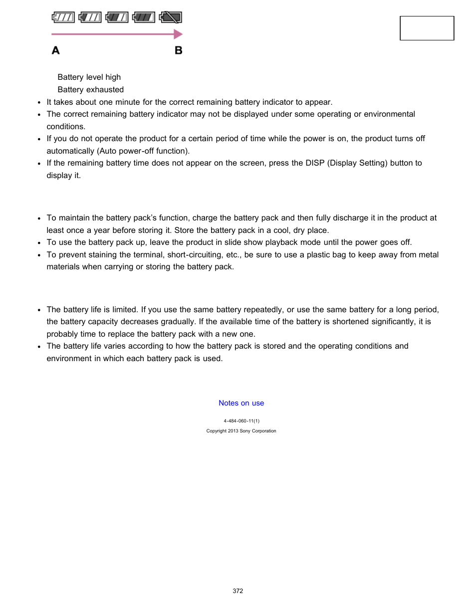 How to store the battery pack, On battery life | Sony ILCE-7K User Manual | Page 381 / 455