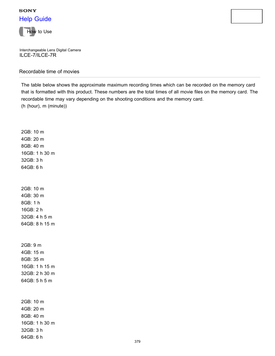 Recordable time of movies, Help guide | Sony ILCE-7K User Manual | Page 388 / 455