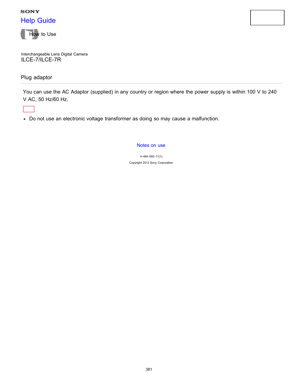 Plug adaptor, Help guide | Sony ILCE-7K User Manual | Page 390 / 455