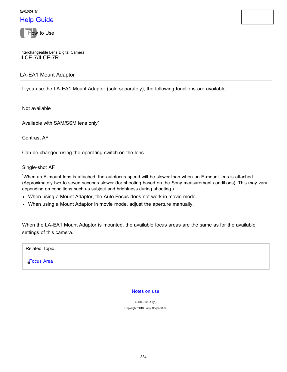 La-ea1 mount adaptor, Help guide | Sony ILCE-7K User Manual | Page 393 / 455