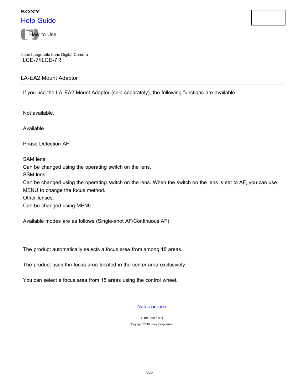 La-ea2 mount adaptor, Help guide | Sony ILCE-7K User Manual | Page 394 / 455
