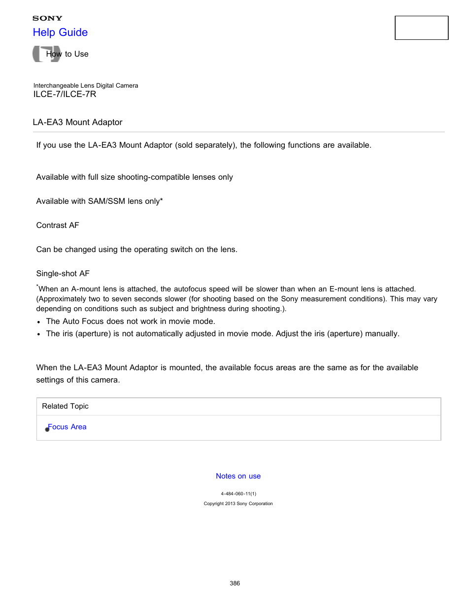 La-ea3 mount adaptor, Help guide | Sony ILCE-7K User Manual | Page 395 / 455