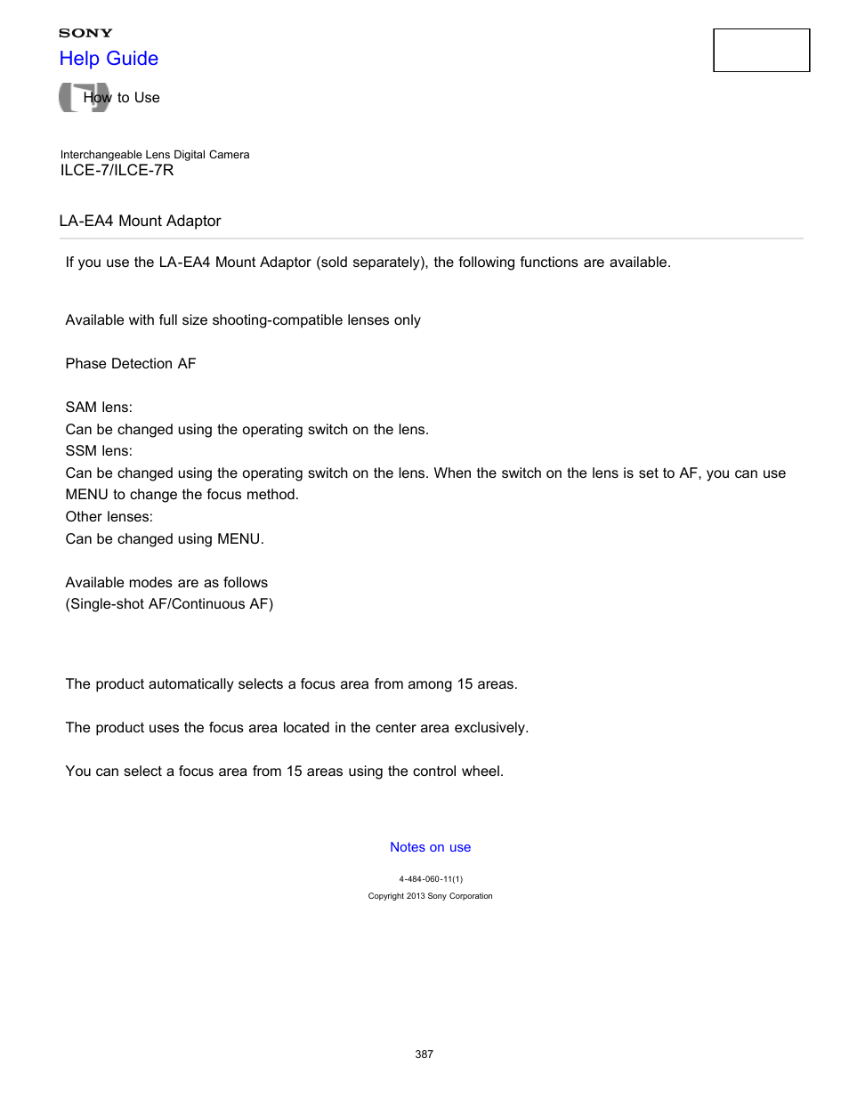 La-ea4 mount adaptor, Help guide | Sony ILCE-7K User Manual | Page 396 / 455