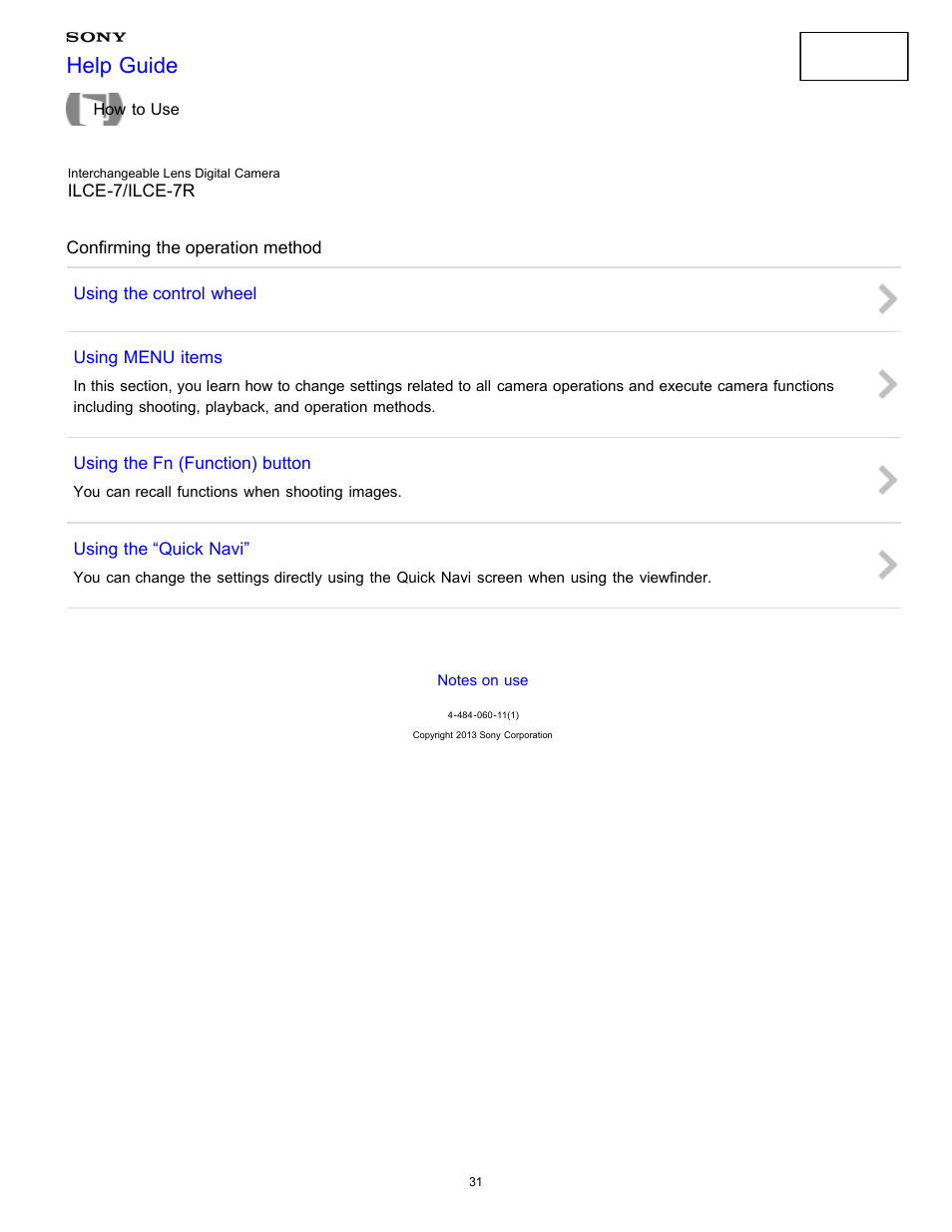 Confirming the operation method, Help guide | Sony ILCE-7K User Manual | Page 40 / 455