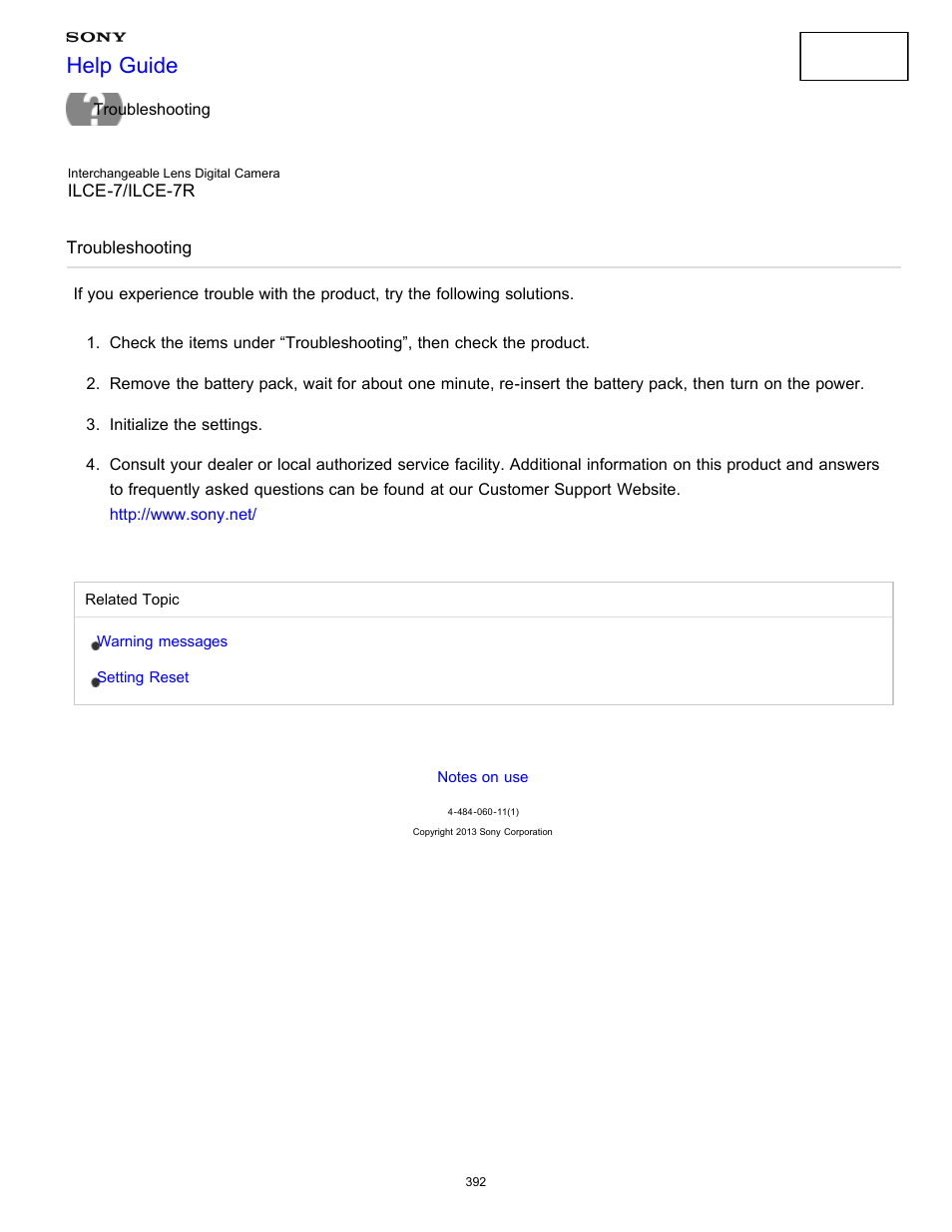 Troubleshooting, Help guide | Sony ILCE-7K User Manual | Page 401 / 455