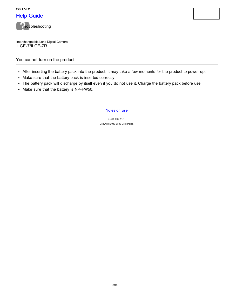 You cannot turn on the product, Help guide | Sony ILCE-7K User Manual | Page 403 / 455