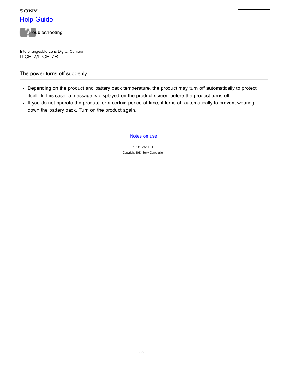 The power turns off suddenly, Help guide | Sony ILCE-7K User Manual | Page 404 / 455