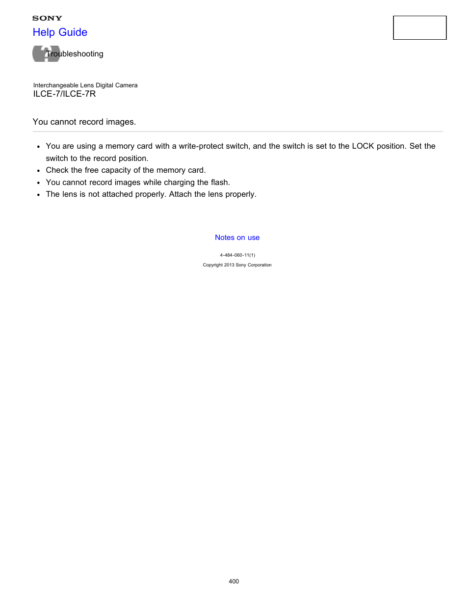 Shooting still images/movies, You cannot record images, Help guide | Sony ILCE-7K User Manual | Page 409 / 455