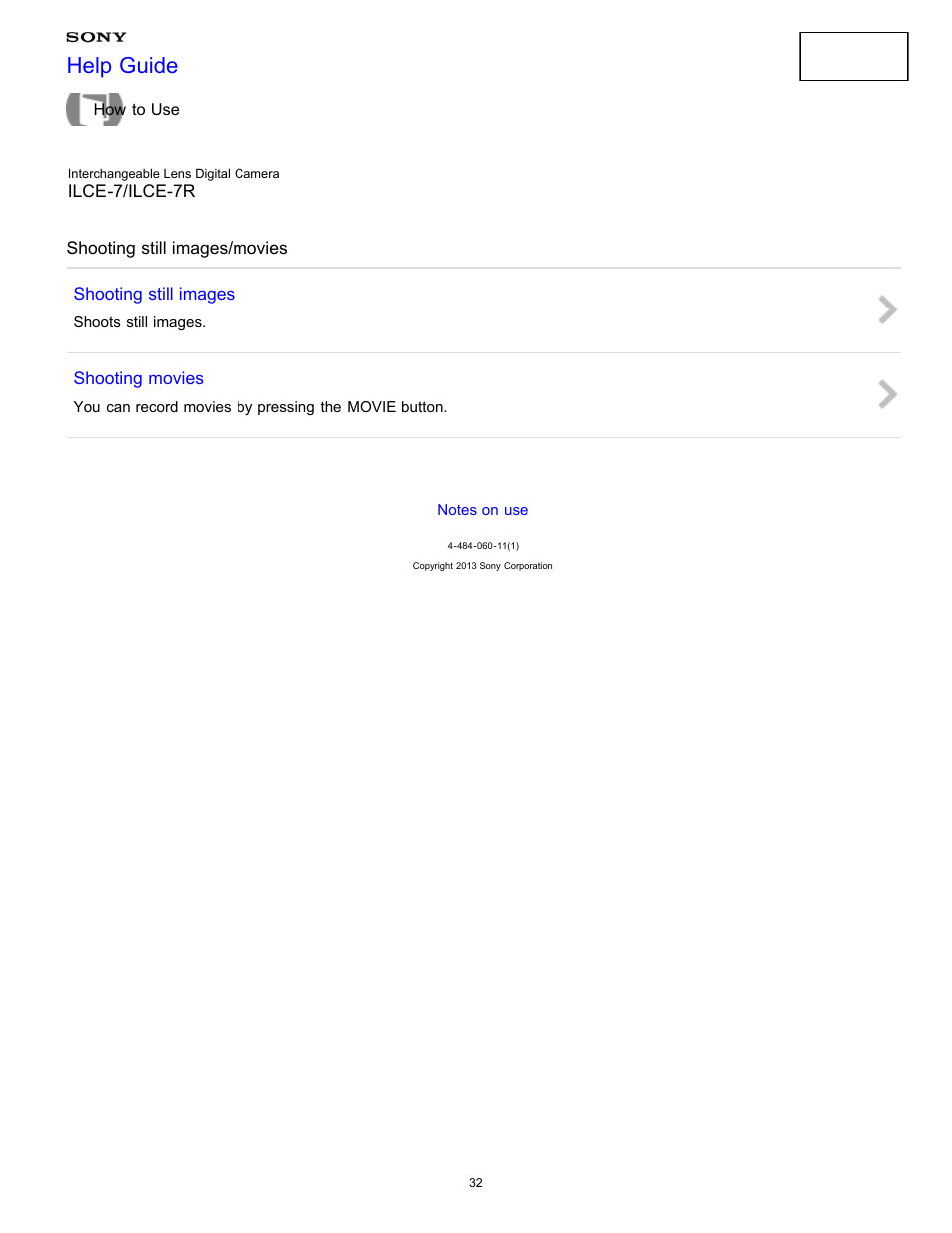 Shooting still images/movies, Help guide | Sony ILCE-7K User Manual | Page 41 / 455