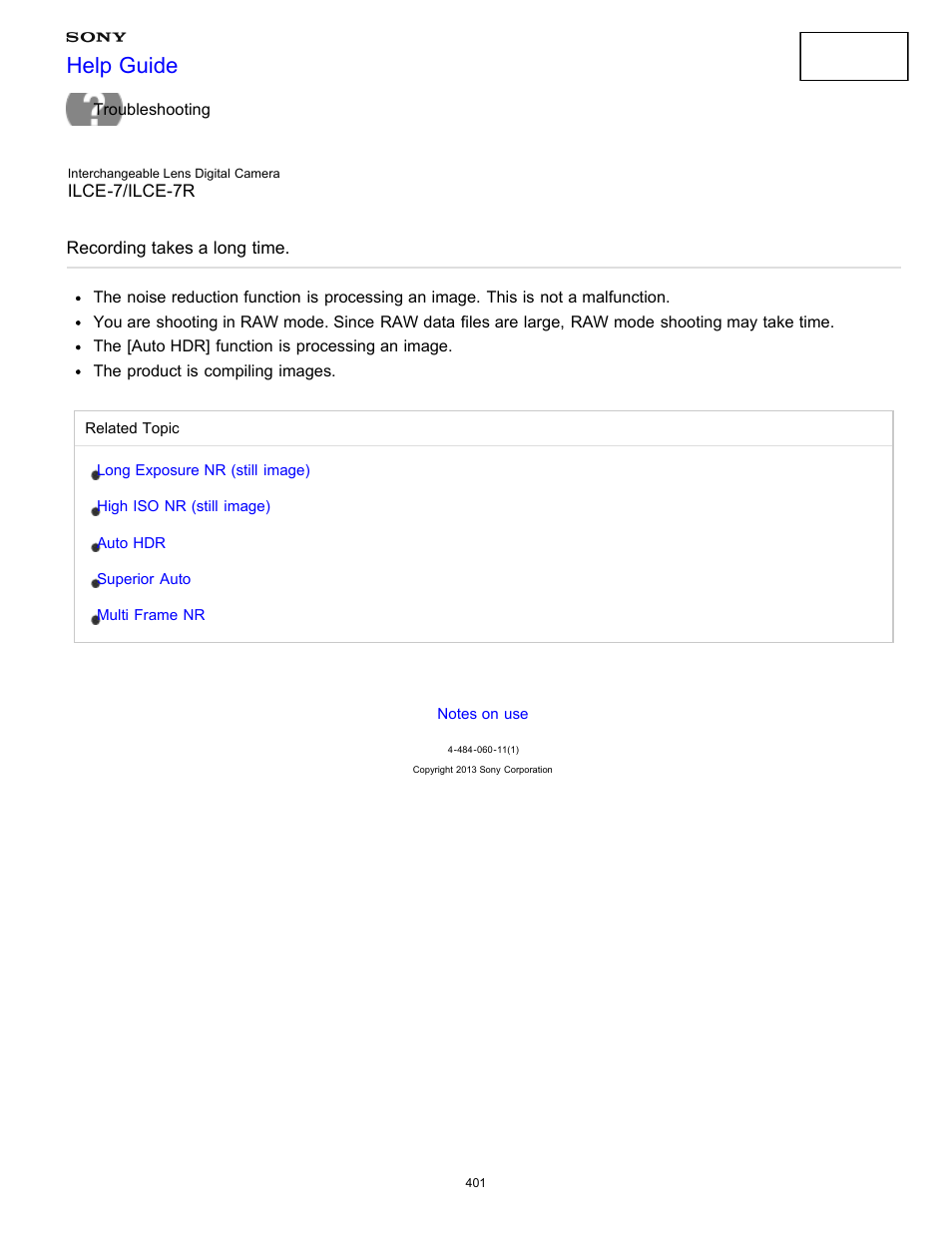 Recording takes a long time, Help guide | Sony ILCE-7K User Manual | Page 410 / 455