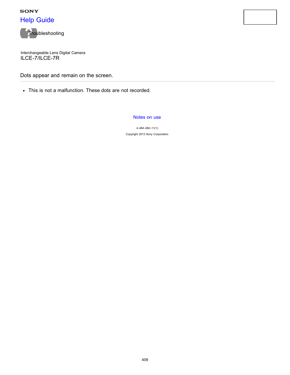 Dots appear and remain on the screen, Help guide | Sony ILCE-7K User Manual | Page 418 / 455