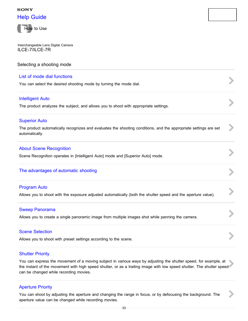 Selecting a shooting mode, Help guide | Sony ILCE-7K User Manual | Page 42 / 455