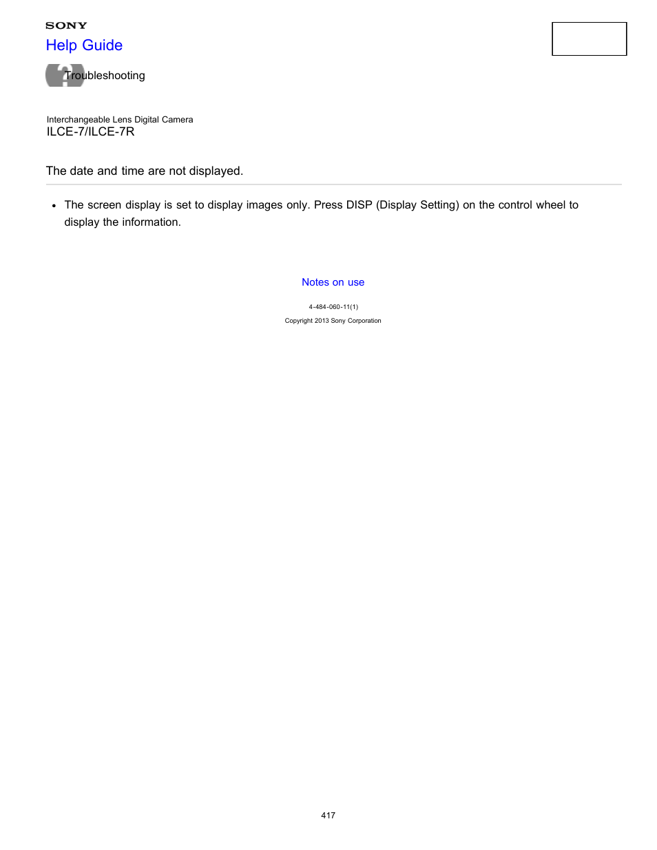 The date and time are not displayed, Help guide | Sony ILCE-7K User Manual | Page 426 / 455