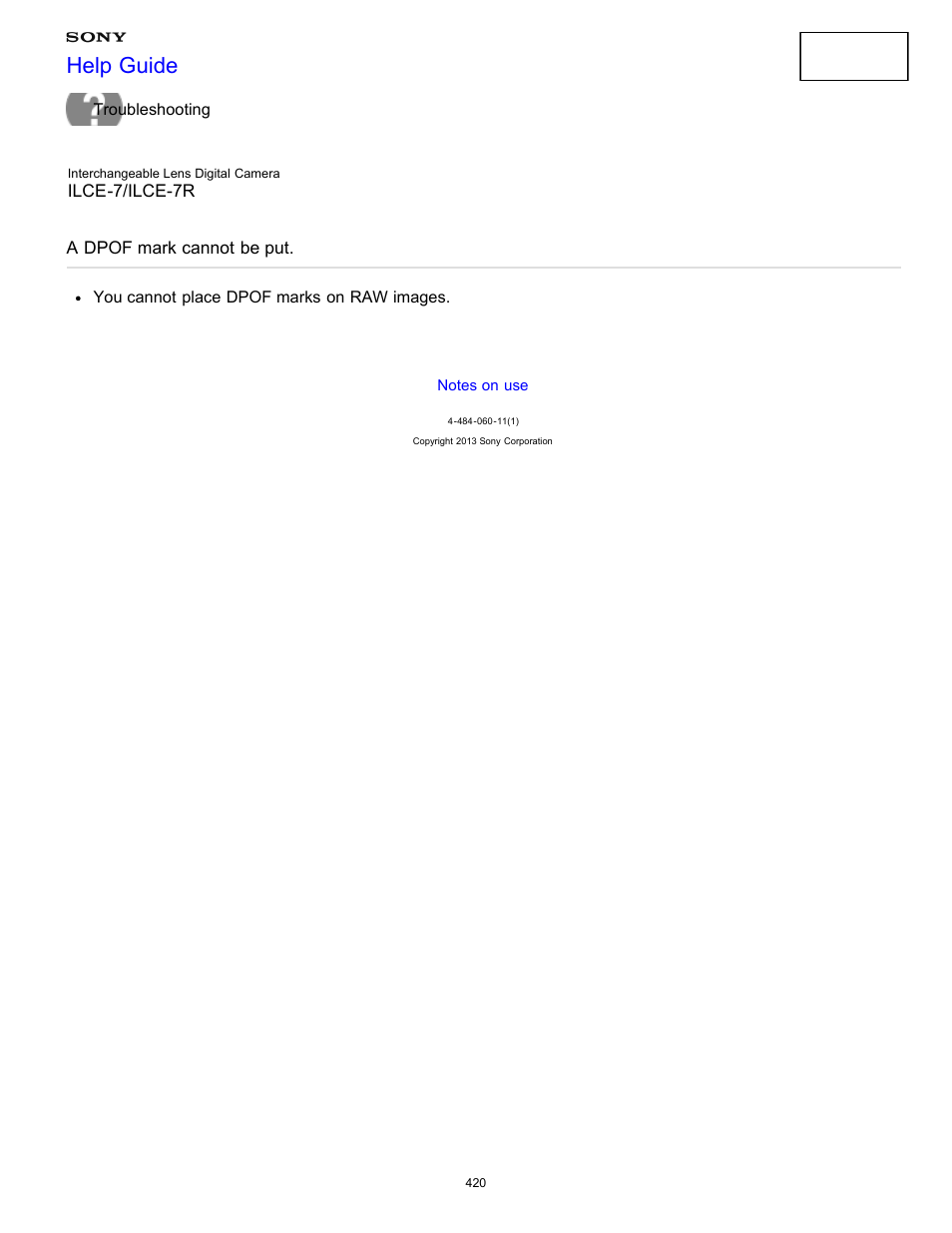 A dpof mark cannot be put, Help guide | Sony ILCE-7K User Manual | Page 429 / 455