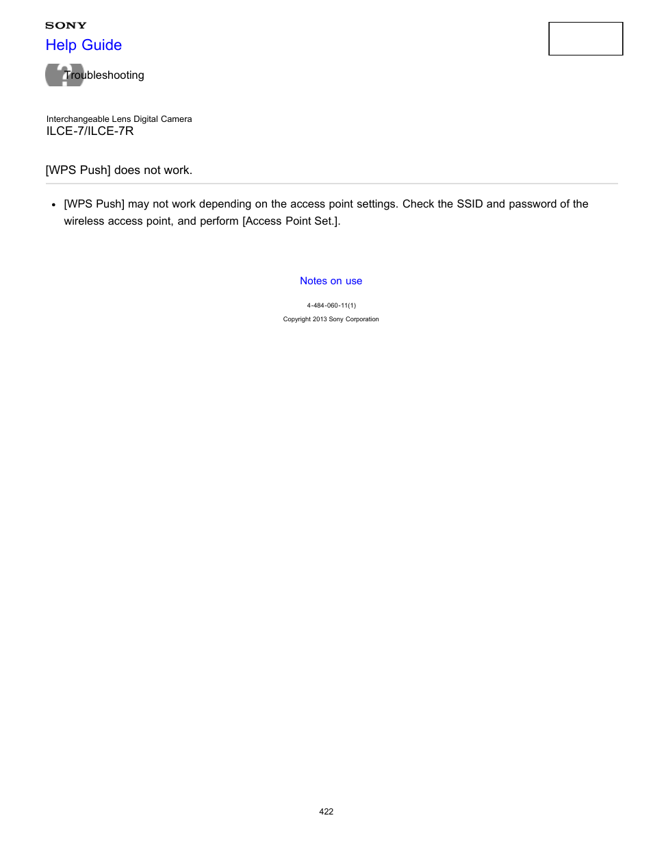 Wps push] does not work, Help guide | Sony ILCE-7K User Manual | Page 431 / 455