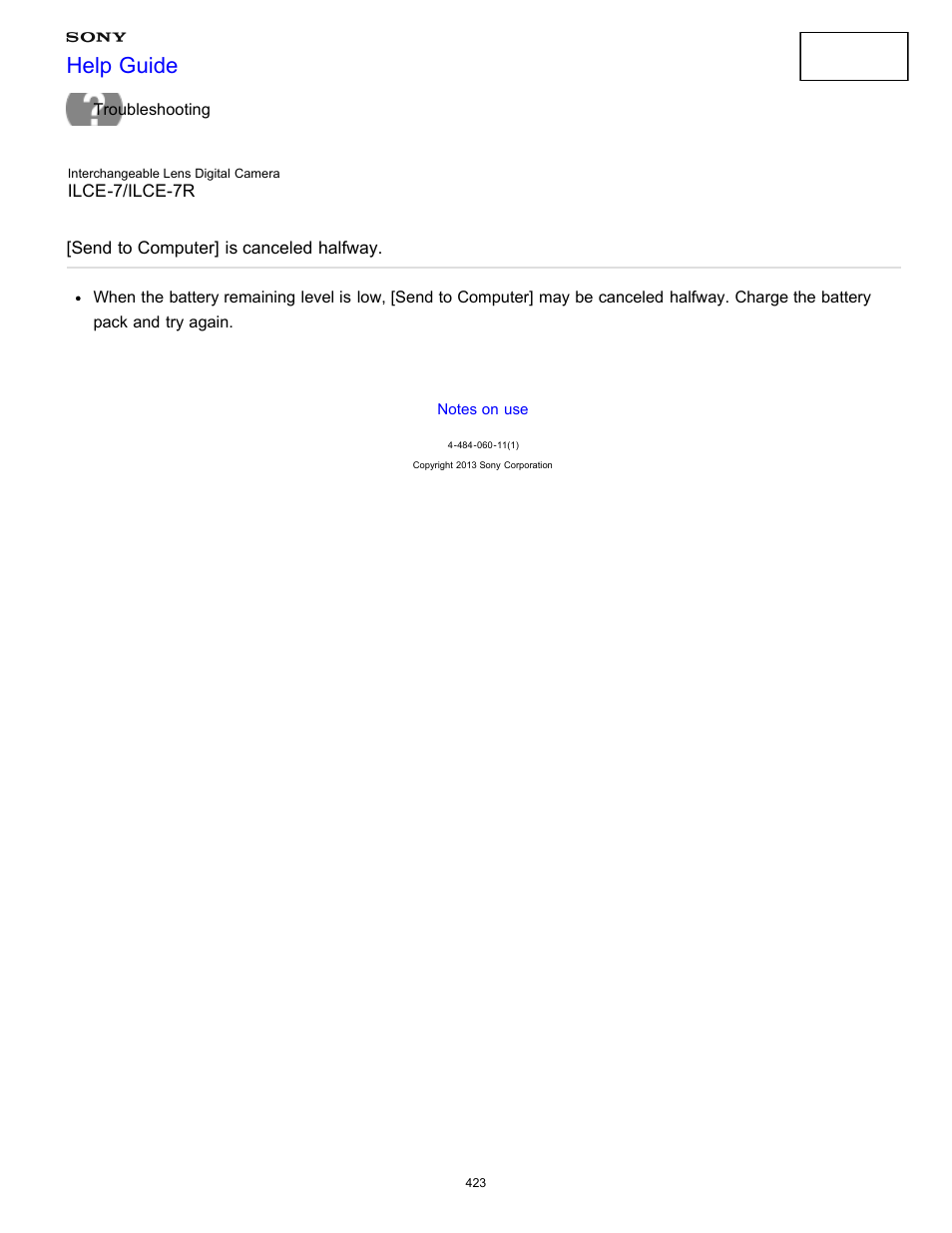 Send to computer] is canceled halfway, Help guide | Sony ILCE-7K User Manual | Page 432 / 455