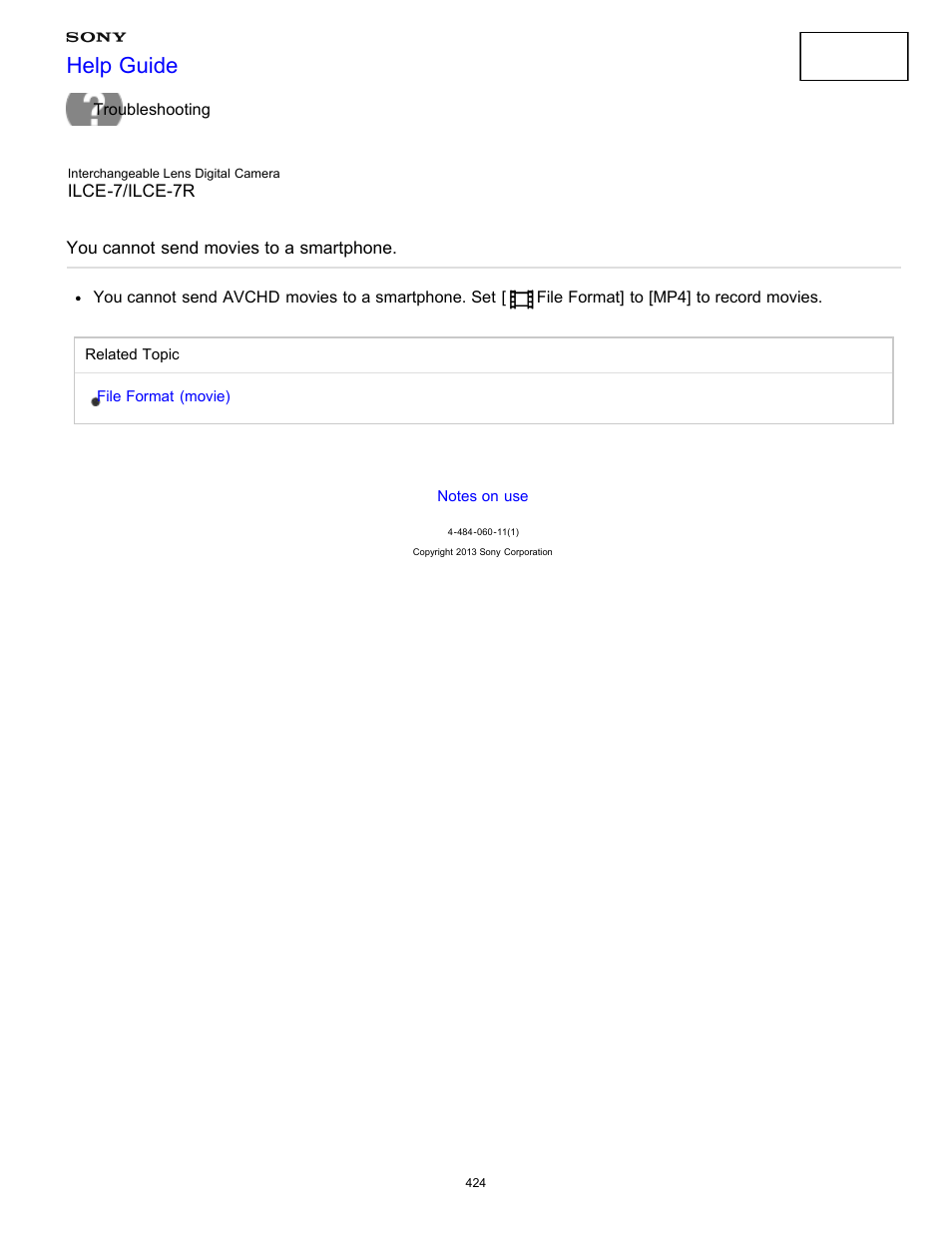 You cannot send movies to a smartphone, Help guide | Sony ILCE-7K User Manual | Page 433 / 455