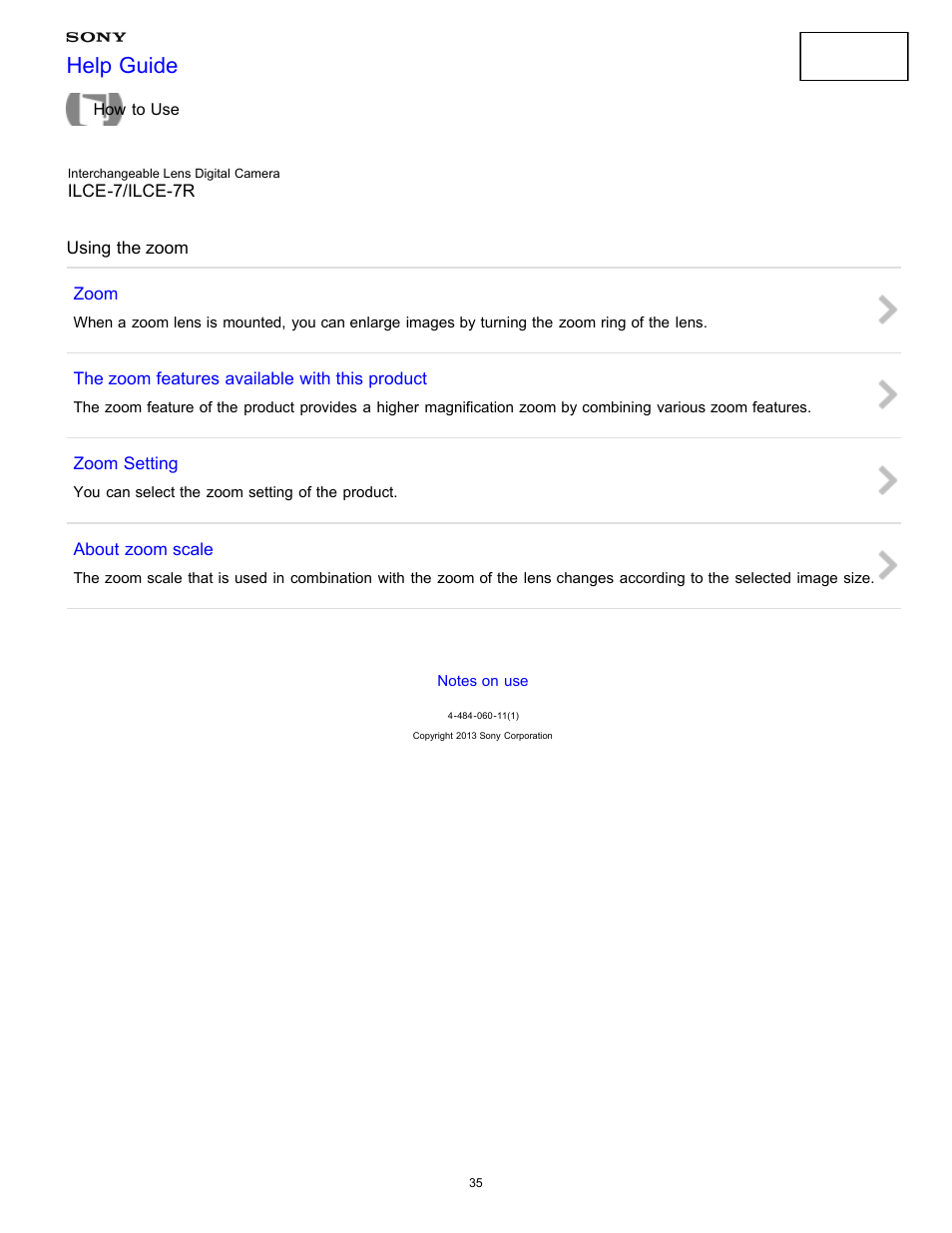 Using the zoom, Help guide | Sony ILCE-7K User Manual | Page 44 / 455