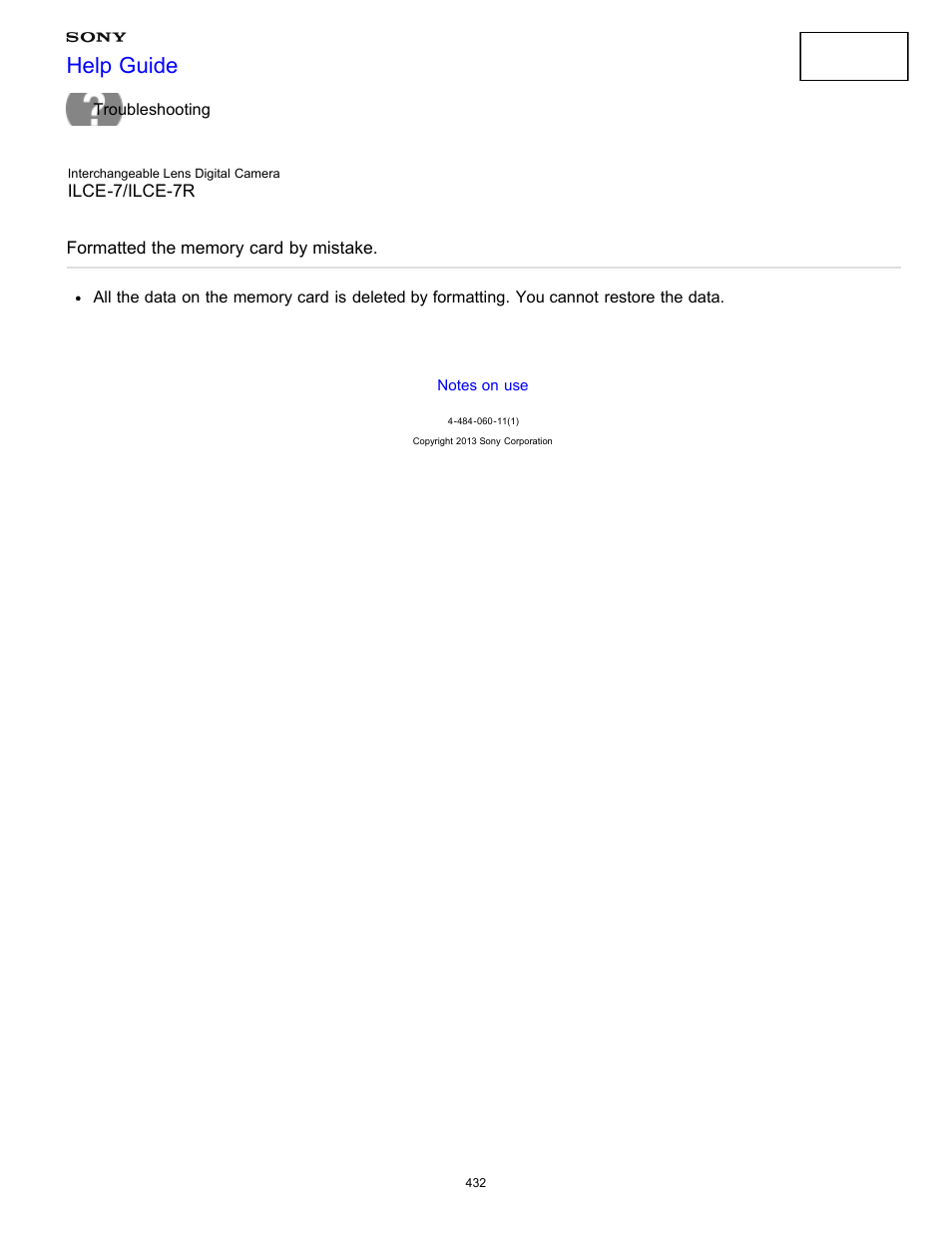 Memory cards, Formatted the memory card by mistake, Help guide | Sony ILCE-7K User Manual | Page 441 / 455