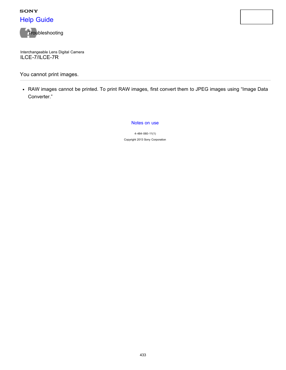 Printing, You cannot print images, Help guide | Sony ILCE-7K User Manual | Page 442 / 455