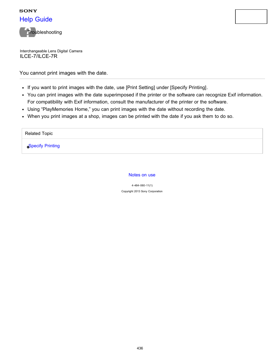 You cannot print images with the date, Help guide | Sony ILCE-7K User Manual | Page 445 / 455