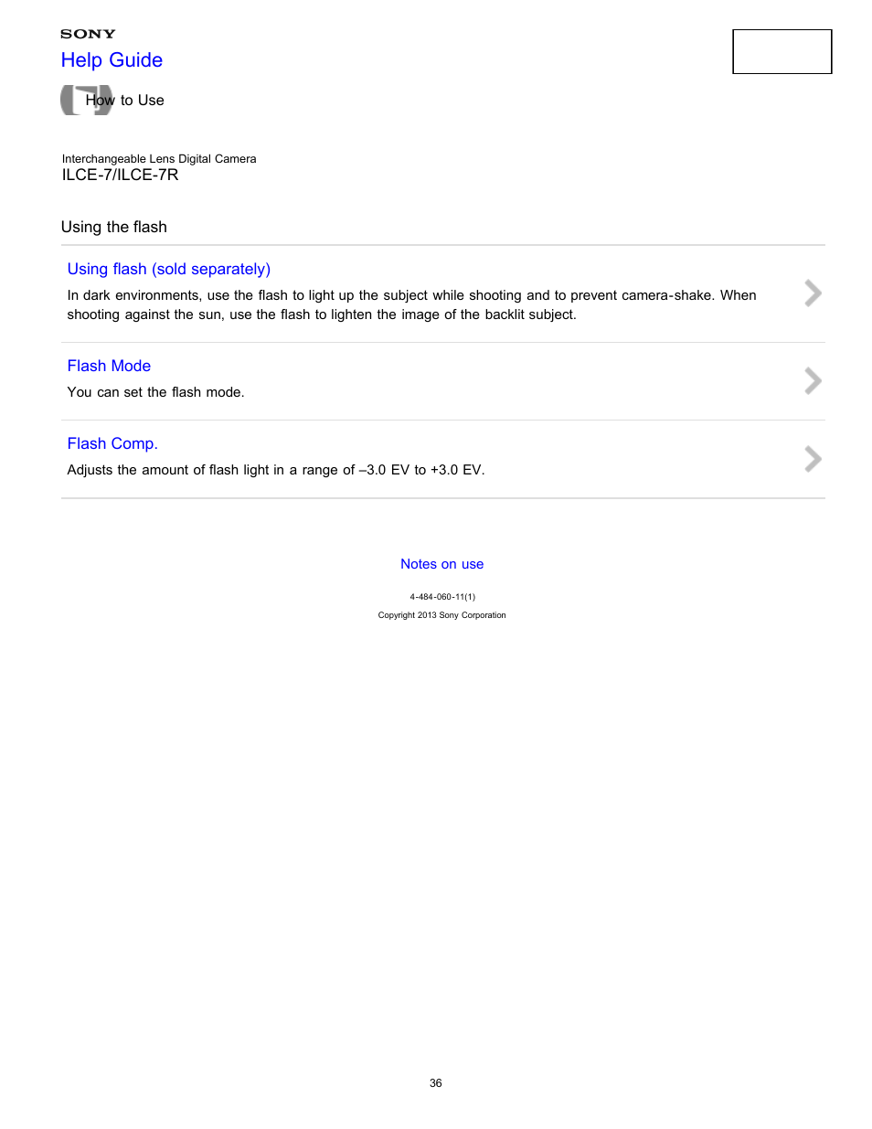 Using the flash, Help guide | Sony ILCE-7K User Manual | Page 45 / 455