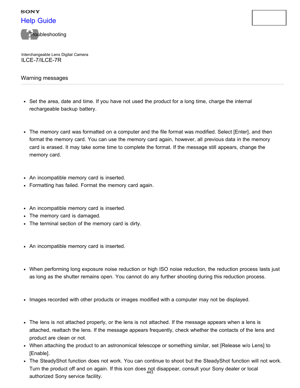 Warning messages, Help guide | Sony ILCE-7K User Manual | Page 452 / 455