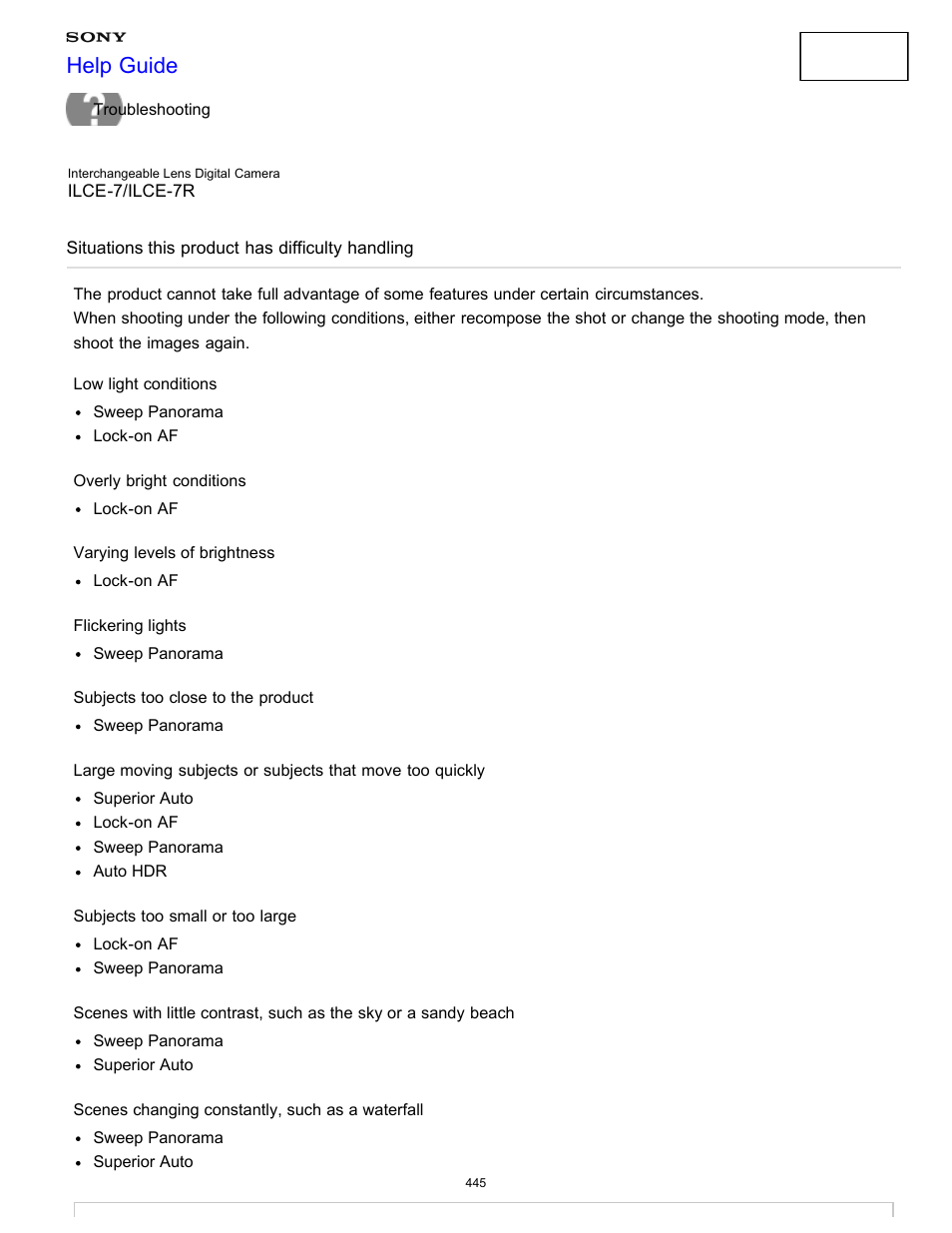 Situations this product has difficulty handling, Help guide | Sony ILCE-7K User Manual | Page 454 / 455