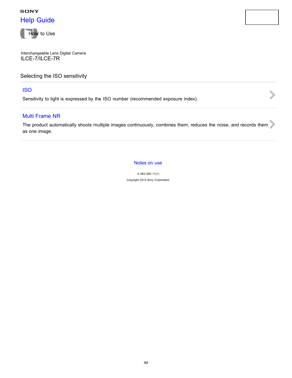 Selecting the iso sensitivity, Help guide | Sony ILCE-7K User Manual | Page 53 / 455