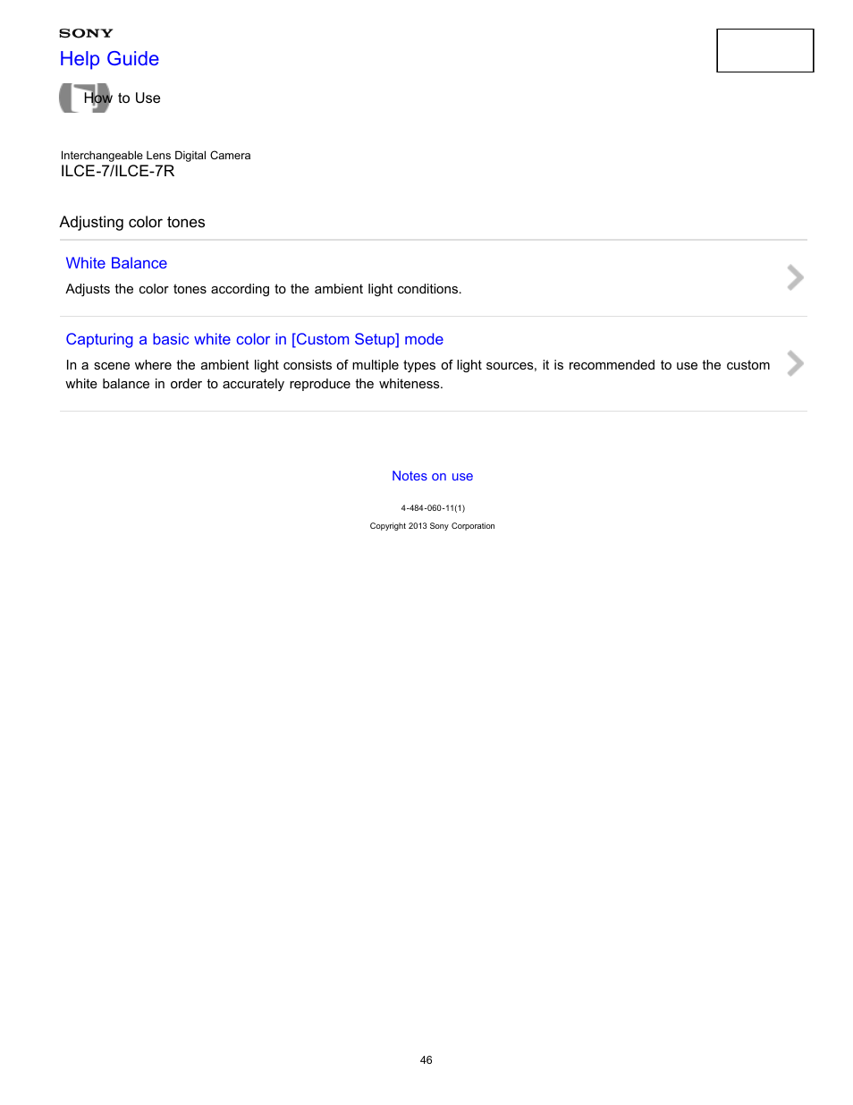 Adjusting color tones, Help guide | Sony ILCE-7K User Manual | Page 55 / 455
