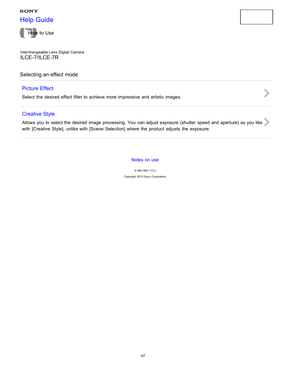 Selecting an effect mode, Help guide | Sony ILCE-7K User Manual | Page 56 / 455