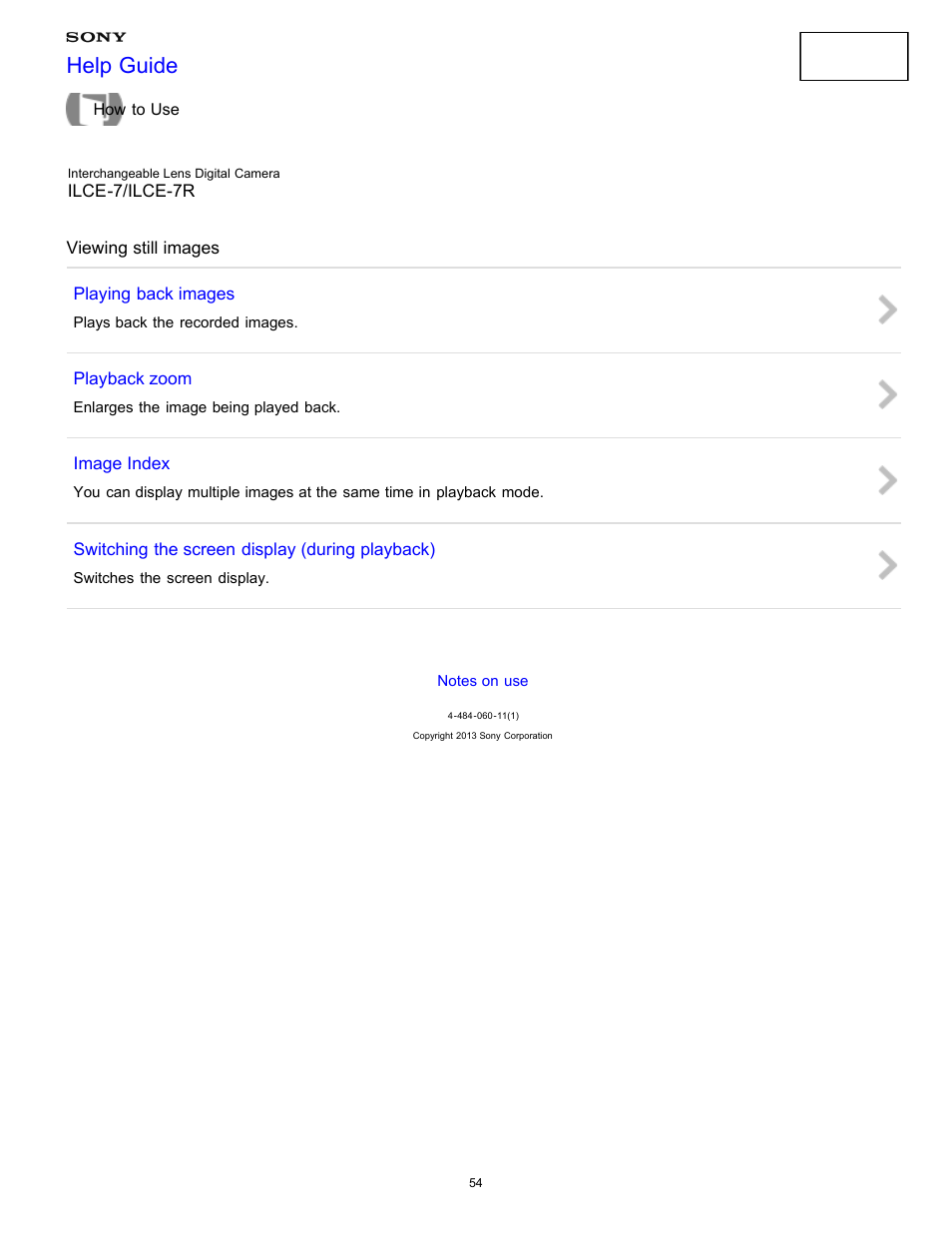 Viewing still images, Help guide | Sony ILCE-7K User Manual | Page 63 / 455