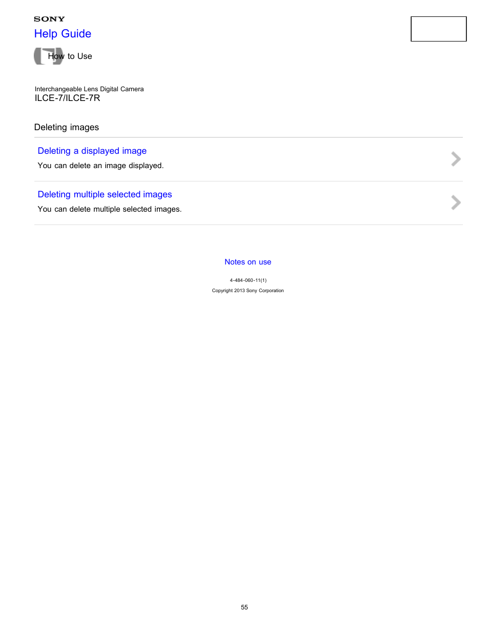 Deleting images, Help guide | Sony ILCE-7K User Manual | Page 64 / 455