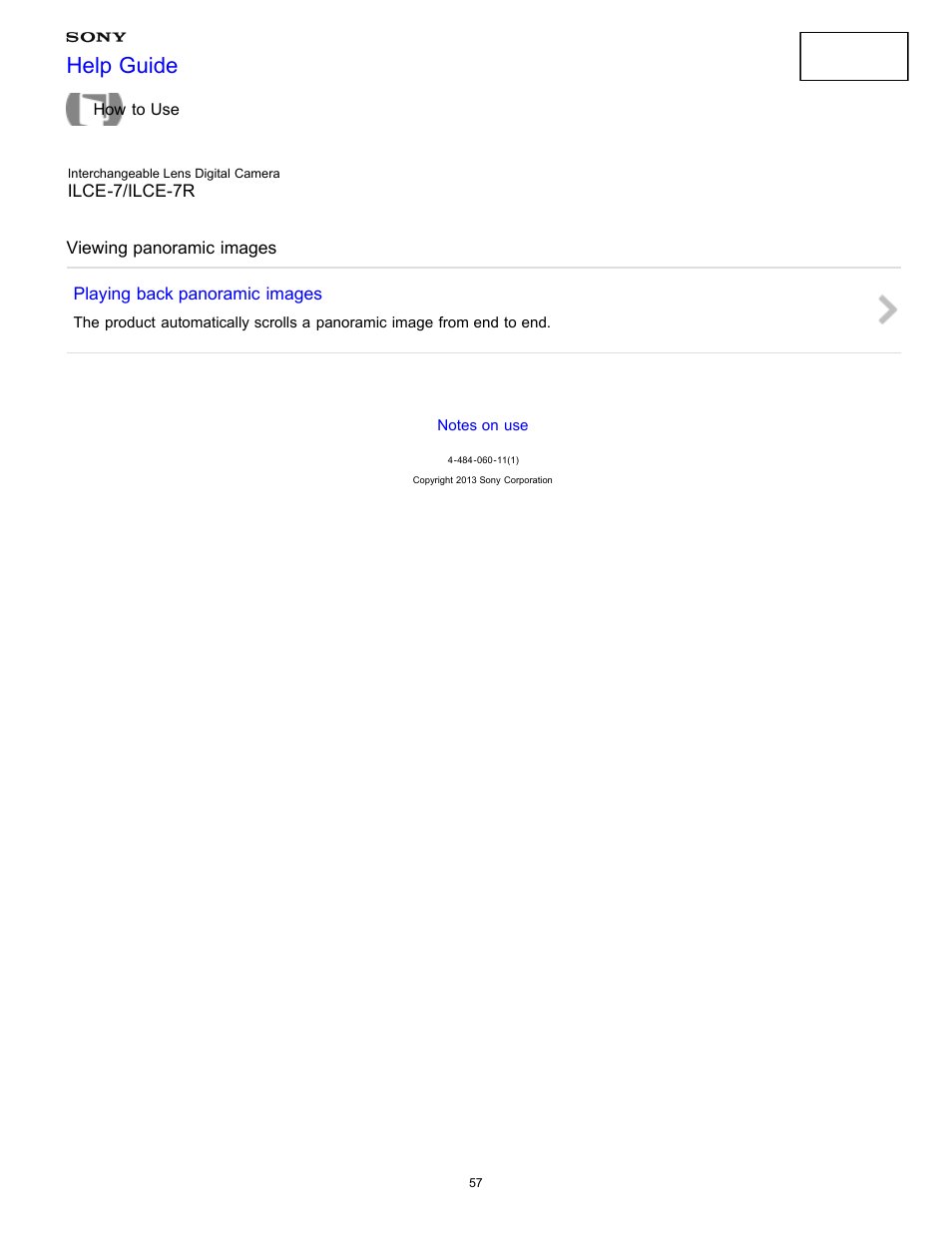 Viewing panoramic images, Help guide | Sony ILCE-7K User Manual | Page 66 / 455