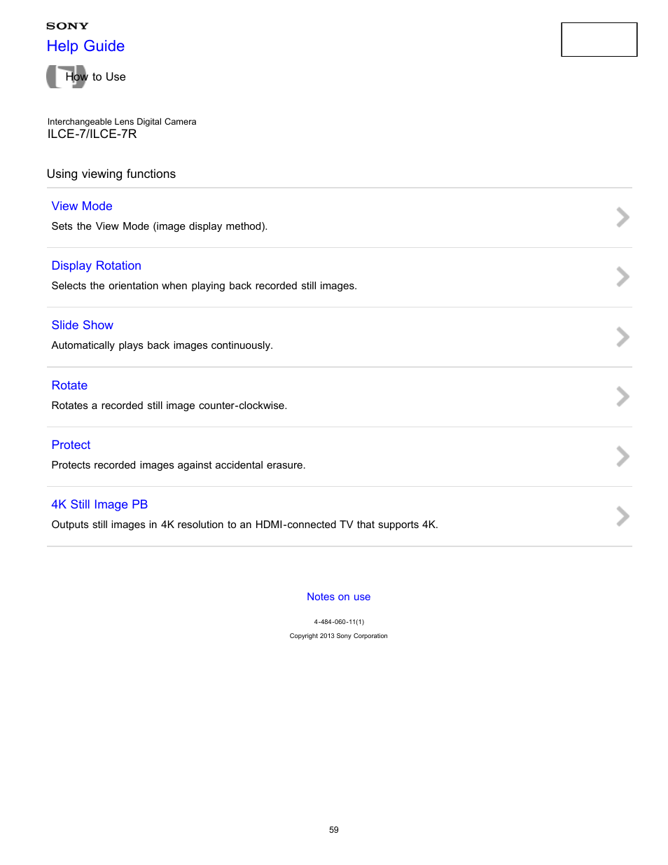 Using viewing functions, Help guide | Sony ILCE-7K User Manual | Page 68 / 455