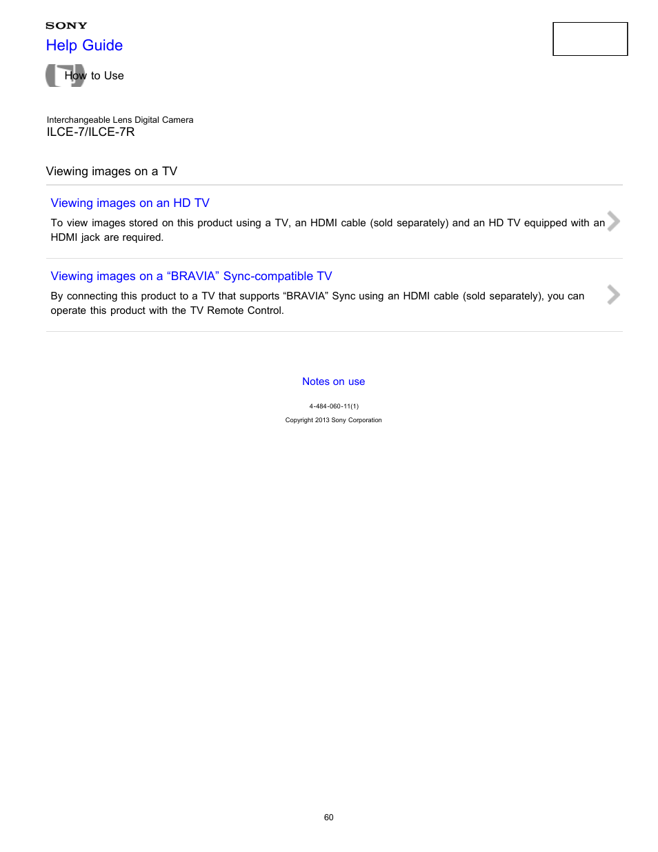 Viewing images on a tv, Help guide | Sony ILCE-7K User Manual | Page 69 / 455