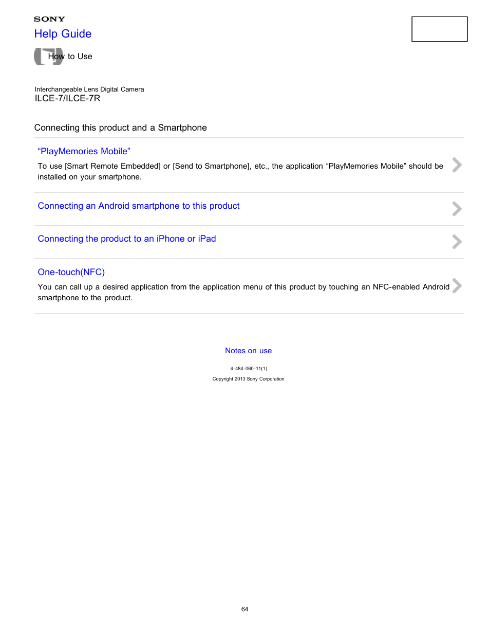 Connecting this product and a smartphone, Help guide | Sony ILCE-7K User Manual | Page 73 / 455