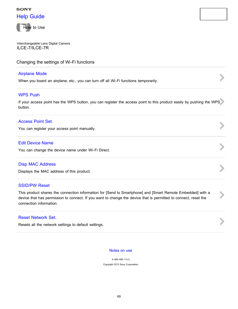 Changing the settings of wi-fi functions, Help guide | Sony ILCE-7K User Manual | Page 78 / 455