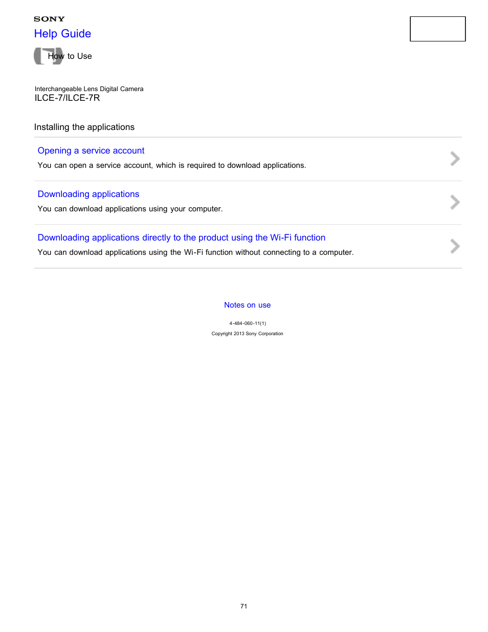 Installing the applications, Help guide | Sony ILCE-7K User Manual | Page 80 / 455