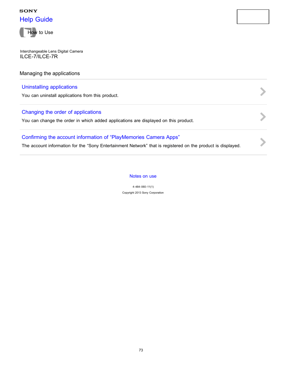 Managing the applications, Help guide | Sony ILCE-7K User Manual | Page 82 / 455