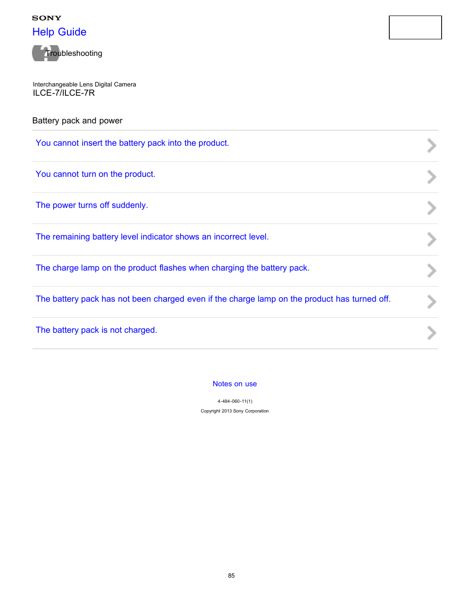 Battery pack and power, Help guide | Sony ILCE-7K User Manual | Page 94 / 455