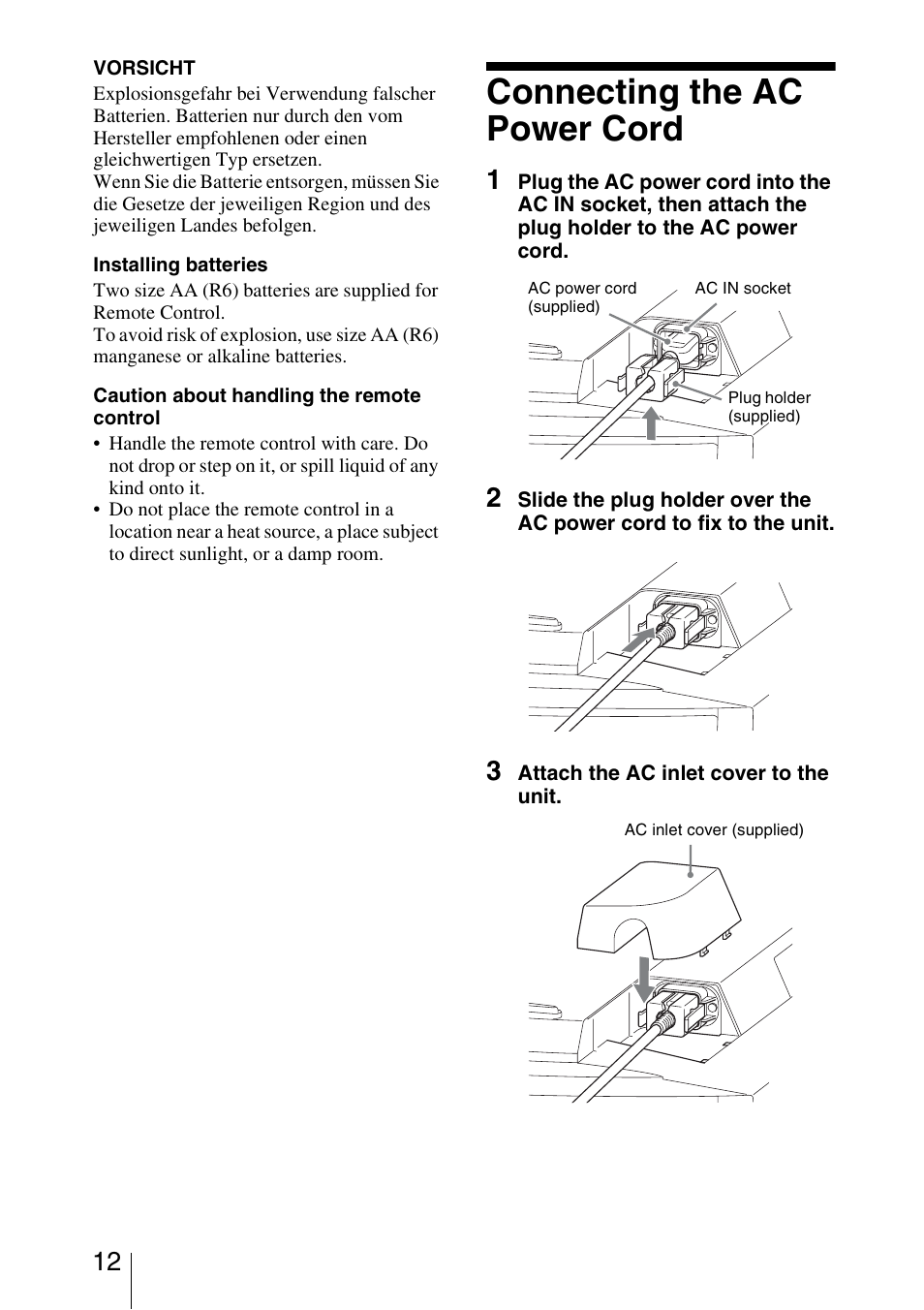 Connecting the ac power cord | Sony VPL-VW1000ES User Manual | Page 12 / 99