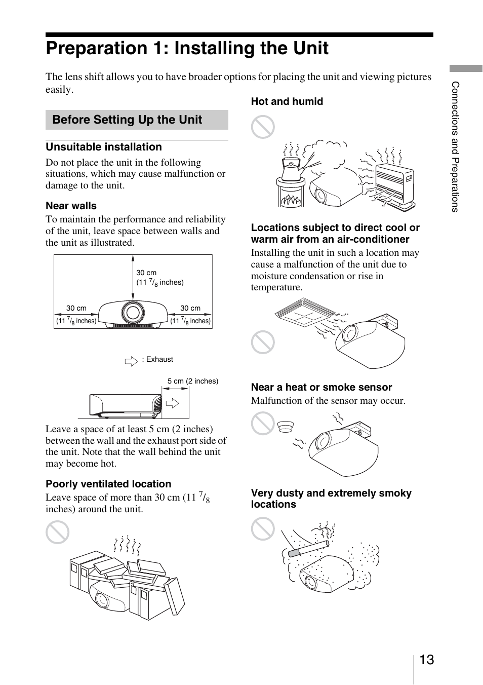 Preparation 1: installing the unit, Before setting up the unit | Sony VPL-VW1000ES User Manual | Page 13 / 99